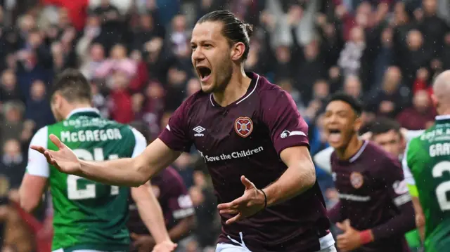 Hearts' Peter Haring celebrates his goal