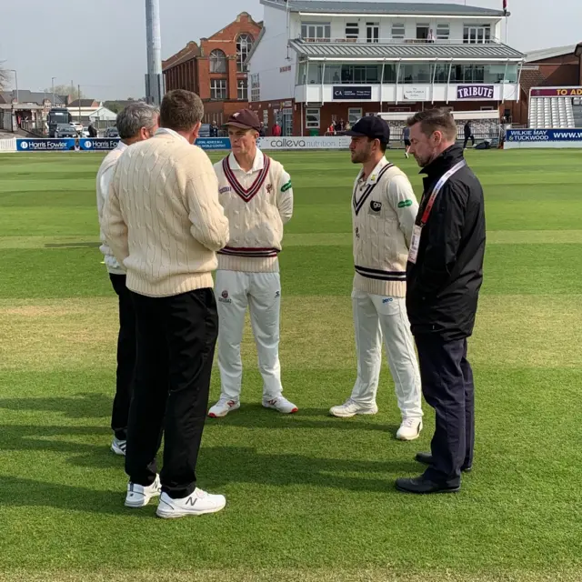 The two captains in the middle at Taunton