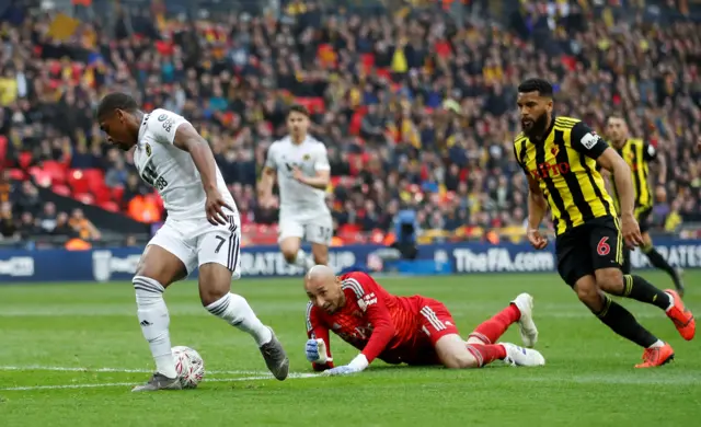 Ivan Cavaleiro in action with Watford's Heurelho Gomes and Adrian Mariappa