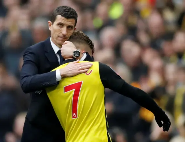 Watford's Gerard Deulofeu hugs Watford manager Javi Gracia as he is substituted off