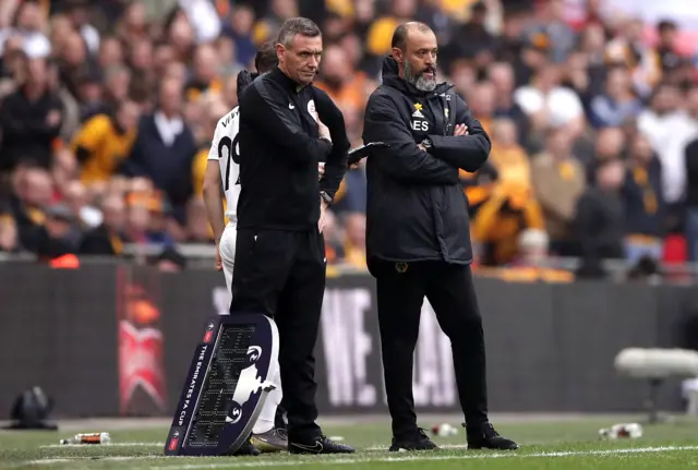 Wolverhampton Wanderers manager Nuno Espirito Santo (right) looks on