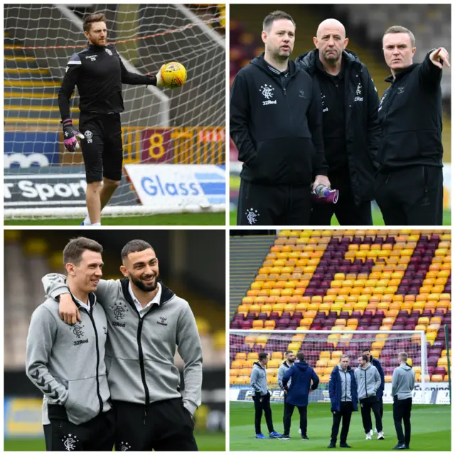 From top left: Motherwell goalkeeper Mark Gillespie, Rangers' backroom staff and players on the Fir Park pitch, and Ryan Jack and Eros Grezda