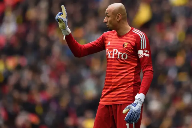 Heurelho Gomes reacts during the English FA Cup semi-final football match between Watford and Wolverhampton Wanderers at Wembley Stadium