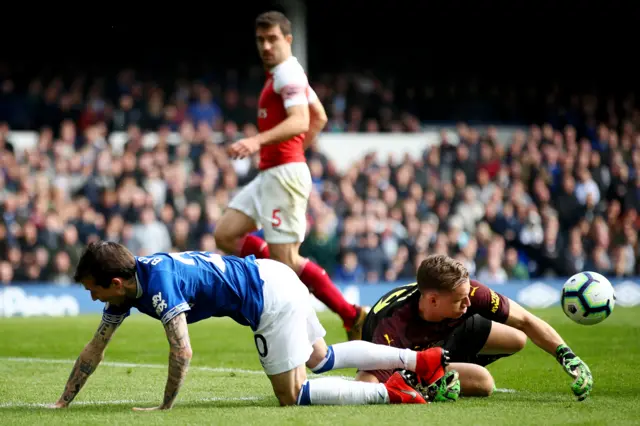 Bernd Leno of Arsenal saves a shot from Bernard