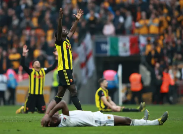 Watford celebrate at the full-time whistle