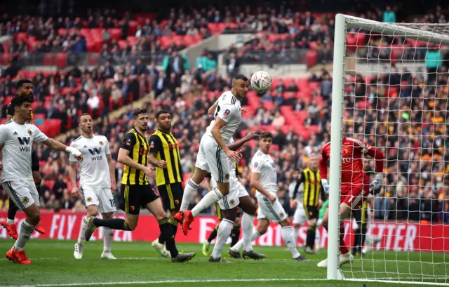 Romain Saiss misses a chance to score during the FA Cup semi final match at Wembley Stadium