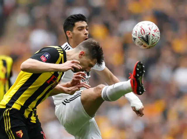 Wolverhampton Wanderers' Raul Jimenez in action with Watford's Craig Cathcart