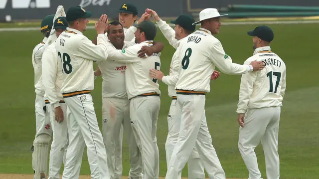 Notts celebrate after Samit Patel takes his third wicket