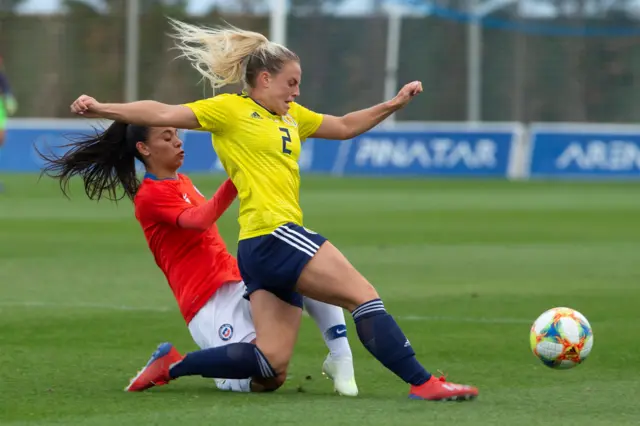 Chile's Francisca Lara is beaten to the ball by Scotland's Kirsty Smith