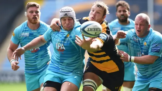 Play during the match between Wasps and Worcester