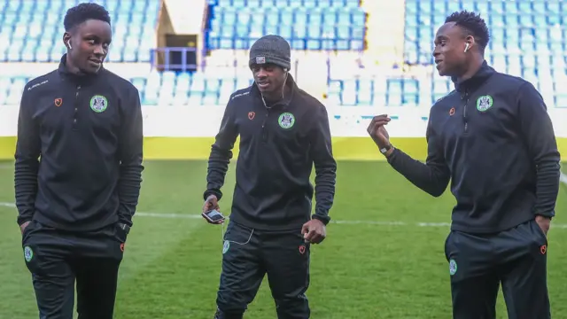 (left to right) Forest Green Rovers' Shawn McCoulsky, Reece Brown and Udoka Godwin-Malife