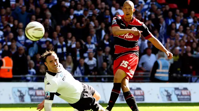 QPR's Bobby Zamora scores against Derby in the play-off final in 2014