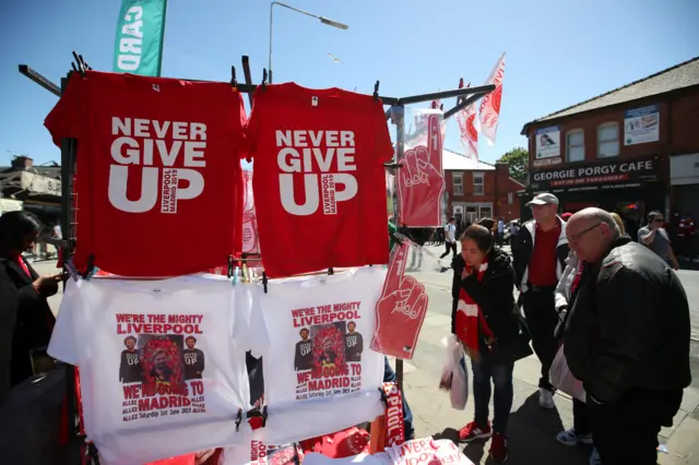 Liverpool T shirts outside Anfield