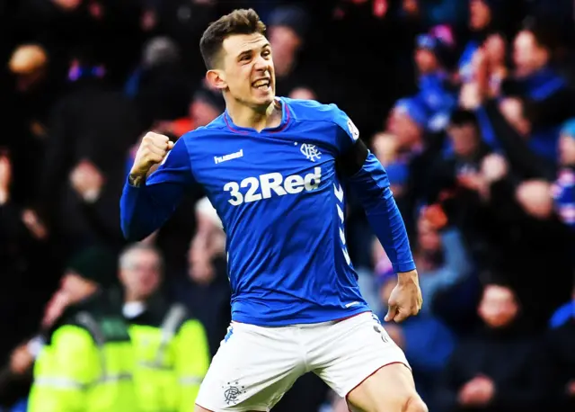 Ryan Jack celebrates his winner at Ibrox