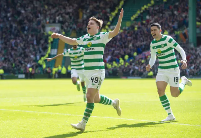 James Forrest celebrates his late winner at Celtic Park