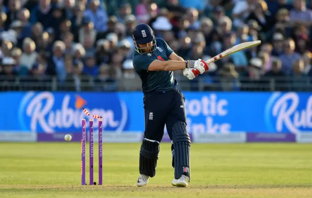 Jonny Bairstow of England is bowled by Junaid Khan of Pakistan