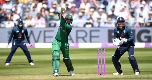 Haris Sohail of Pakistan bats watched by England wicketkeeper Jonathan Bairstow