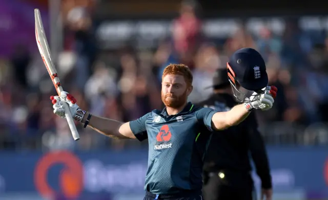 Jonathan Bairstow of England celebrates reaching his century