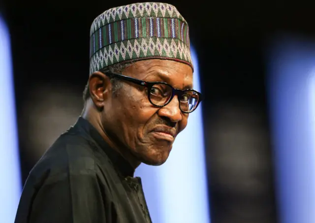 President of Nigeria Muhammadu Buhari looks on as he attends the opening ceremony of the 2019 World Economic Forum on the Middle East and North Africa, at the King Hussein Convention Centre at the Dead Sea, in Jordan on April 6, 2019.