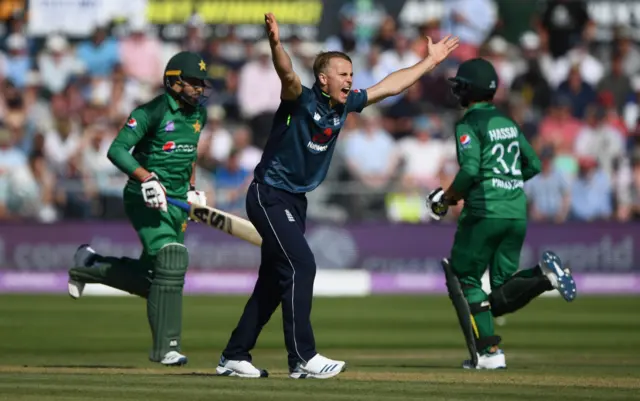 England bowler Tom Curran appeals