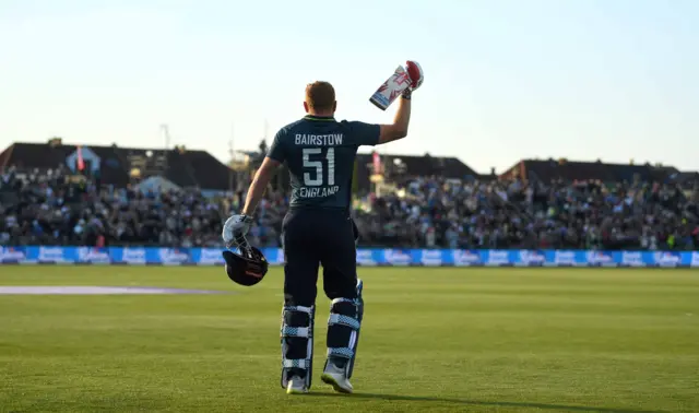 Jonathan Bairstow of England salutes the crowd as he leaves the field