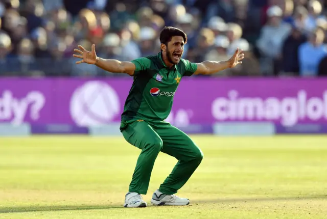 Hasan Ali of Pakistan appeals unsuccessfully for the wicket of Jonny Bairstow