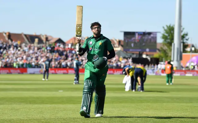 Imam-ul-Haq of Pakistan salutes the crowd as leaves the field after being dismissed by Tom Curran of England