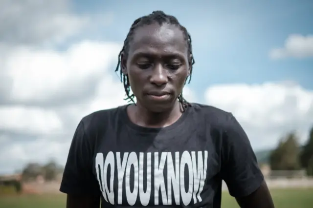 Kenya's Olympic 800m bronze medalist Margaret Nyairera Wambui speaks during interview with AFP in Ngong, a suburb of Nairobi, Kenya, on 14 May 2019