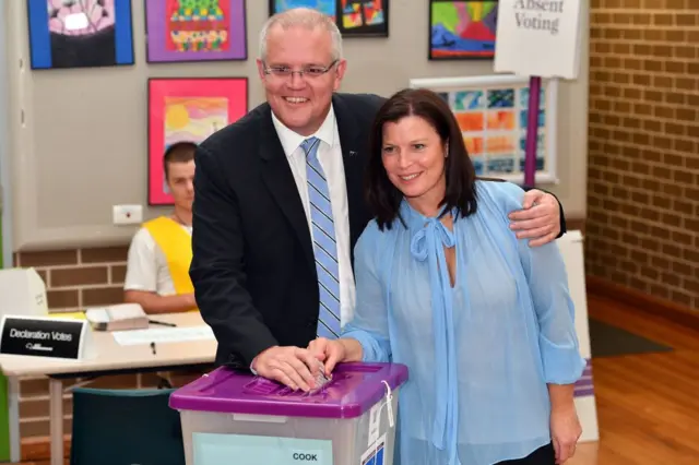 Scott Morrison and his wife, Jen, voting in his home electorate of Cook in southern Sydney