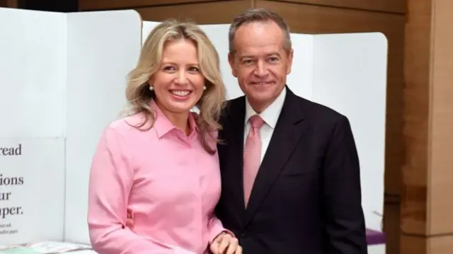 Chloe Shorten and Bill Shorten at a polling booth on election day in Melbourne