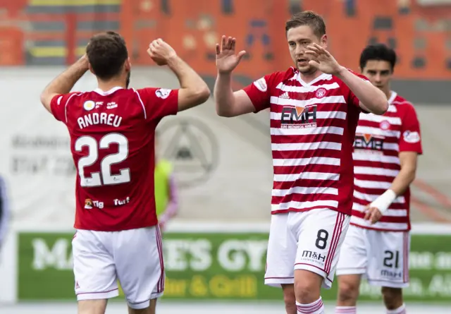 Steven Davies celebrates after slamming in the second goal for Hamilton