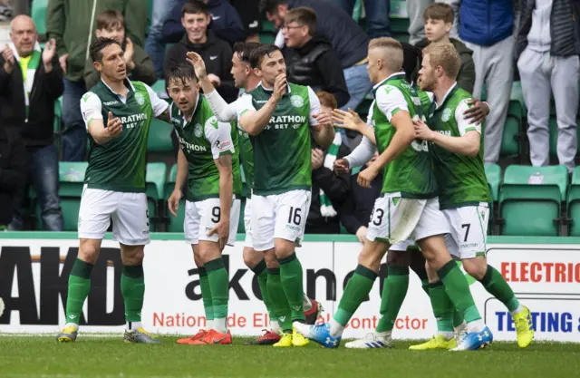 Hibs celebrate the breakthrough goal at Easter Road