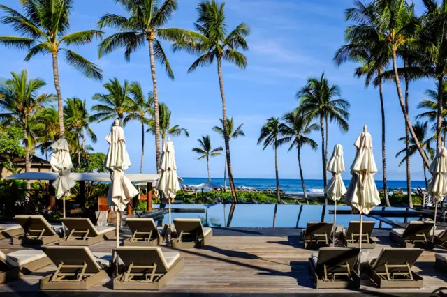 Sun beds in front of a swimming pool and the sea with palm trees