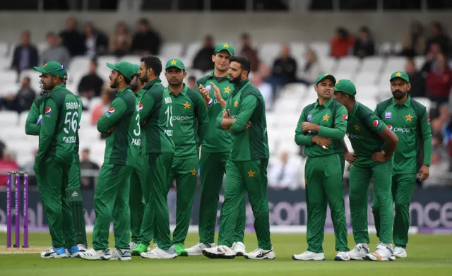 Pakistan wait for the result of Moeen Ali"s review during the 5th One Day International between England and Pakistan