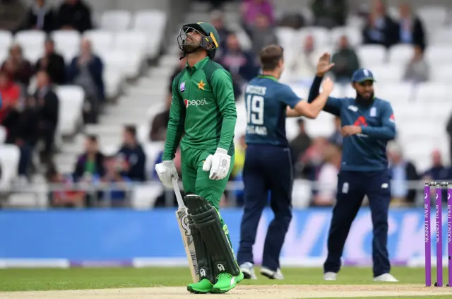 Fakhar Zaman of Pakistan reacts after being dismissed by Chris Woakes