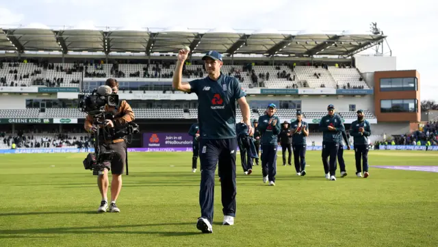 Chris Woakes of England salutes the crowd as he leaves the field after picking up his five wicket haul