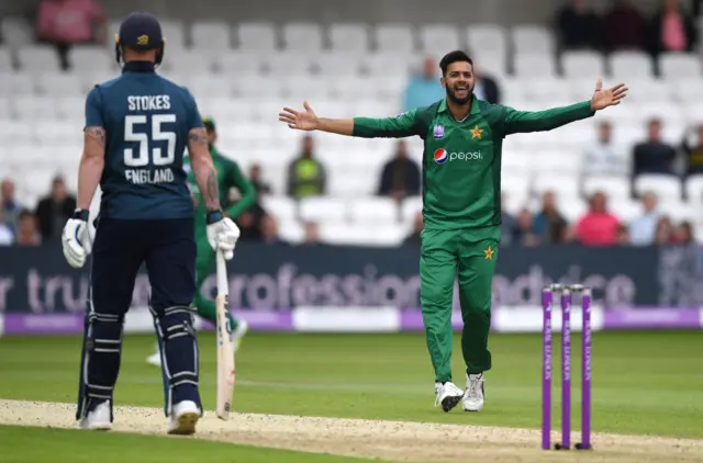 Imad Wasim of Pakistan successfully appeals for the wicket of Moeen Ali