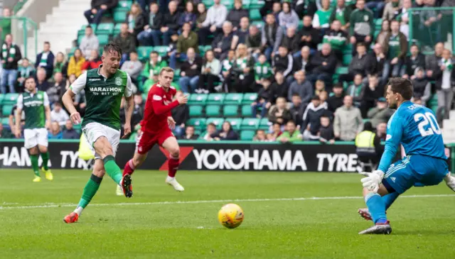 Marc McNulty strokes in the opening goal at Easter Road