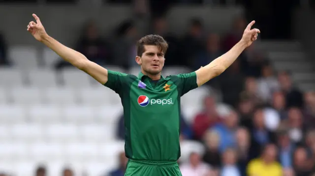 Shaheen Afridi celebrates dismissing James Vince