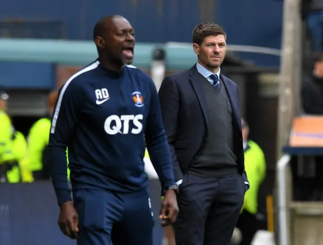 Rangers boss Steven Gerrard (right) looks on as Killie assistant Alex Dyer shouts instructions