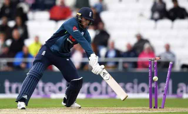 David Willey of England is bowled Shaheen Afridi of Pakistan