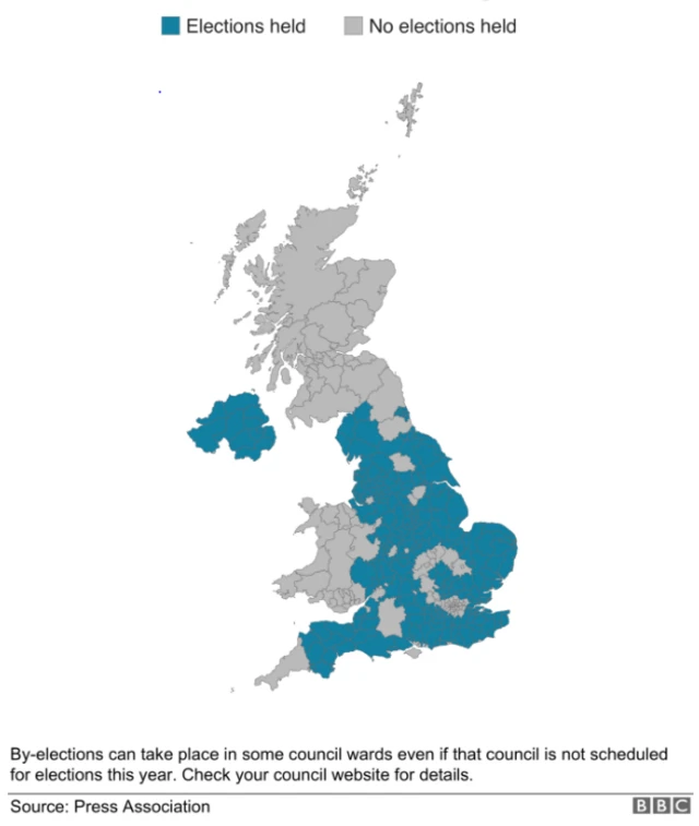 Map showing where council elections are being held