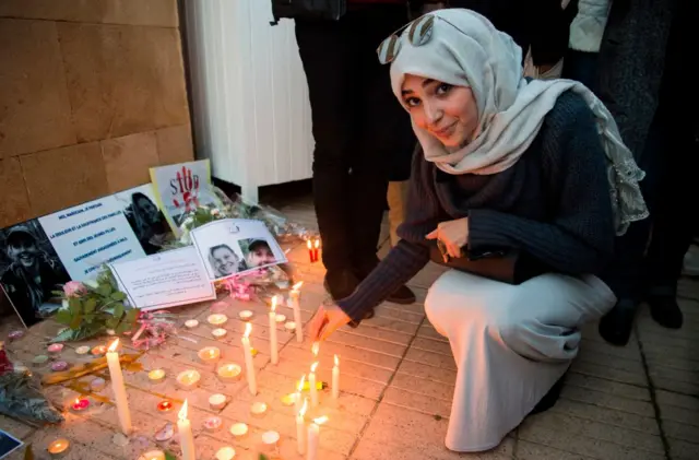 Moroccans pay tribute to murdered Danish Louisa Vesterager Jespersen and Norwegian Maren Ueland in Rabat, in front the Danish Embassy on 22 December 2018.