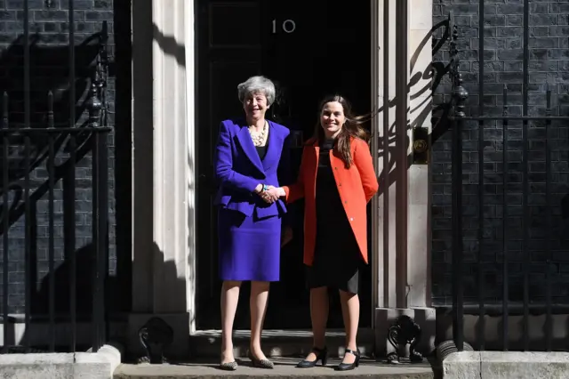 Theresa May (L) greets, Katran Jakobsdottir at 10 Downing Street