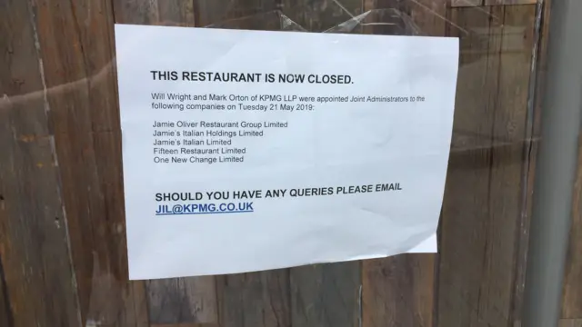 Closure sign on Birmingham branch of Jamie's Italian