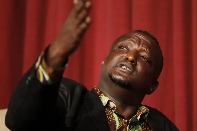 Kenyan author and LGBT activist Binyavanga Wainaina speaks during a conversation with a Somali author and a Nobel Prize nominee Nuruddin Farah in Nairobi, Kenya, 18 April 2013 (reissued on 22 May 2019).