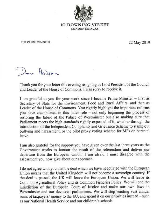 The letter from Theresa May to Andrea Leadsom