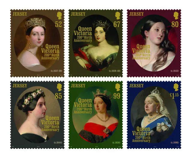 Six stamps featuring Queen Victoria at various ages