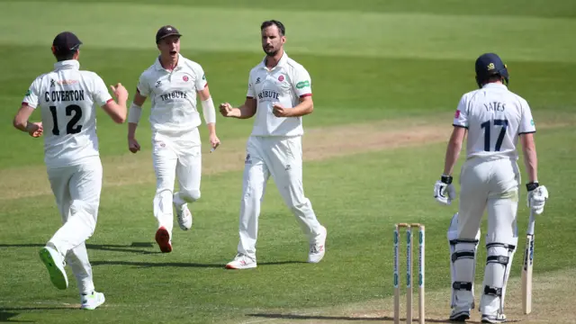 Somerset celebrates he wicket of Rob Yates of Warwickshire