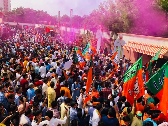 Celebrations outside BJP headquarters in Delhi